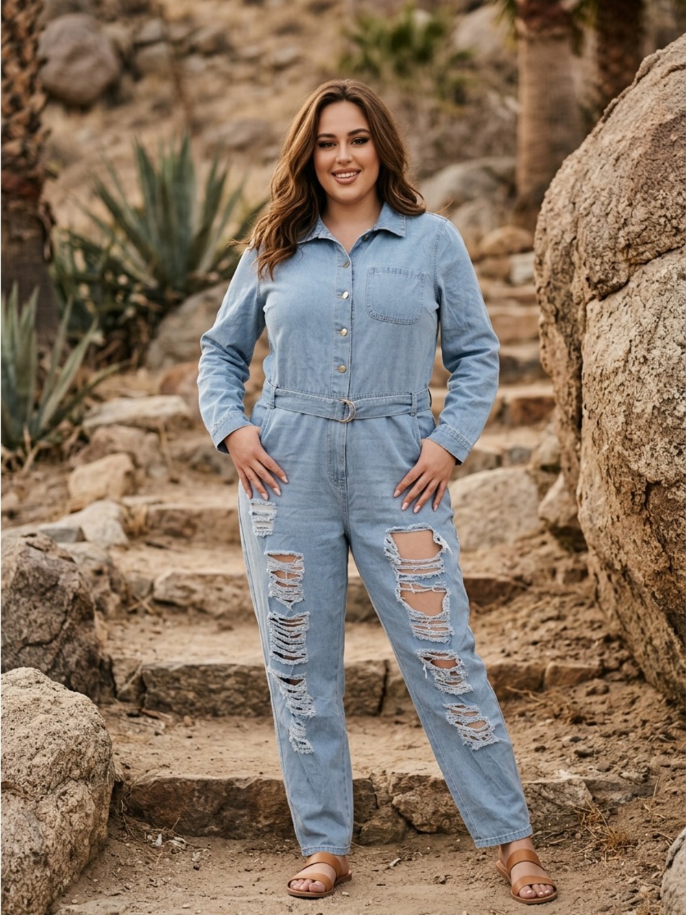 Ashley Stewart Women’s Sz 14 Ripped Denim Belted Collared Jumper Jumpsuit